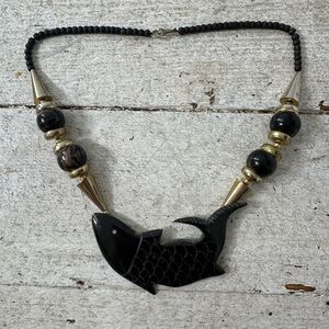 Vintage Handcarved Fish Art To Wear Funky Necklace 1980s